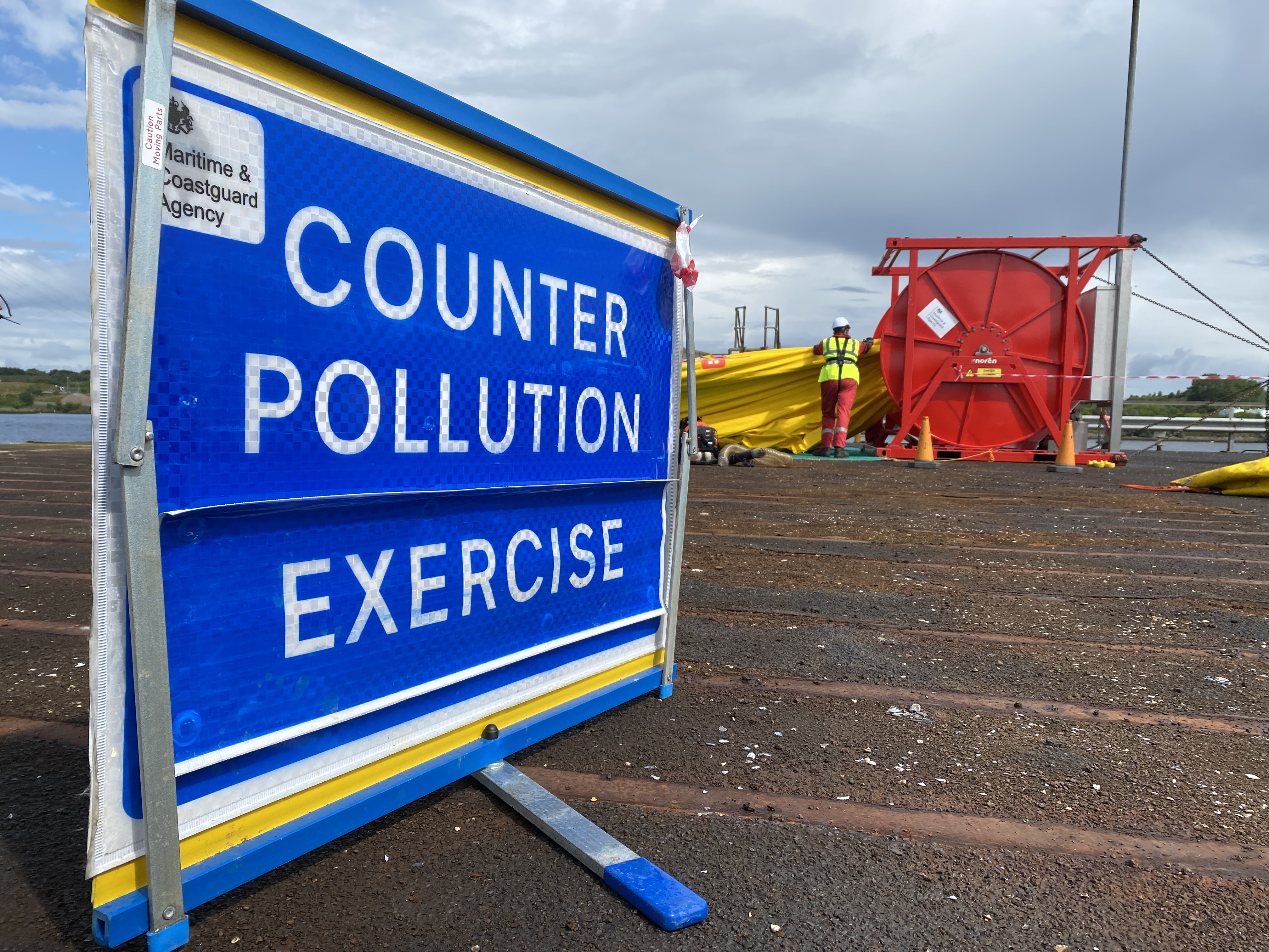 A counter-pollution exercise sign at the Port of Tyne