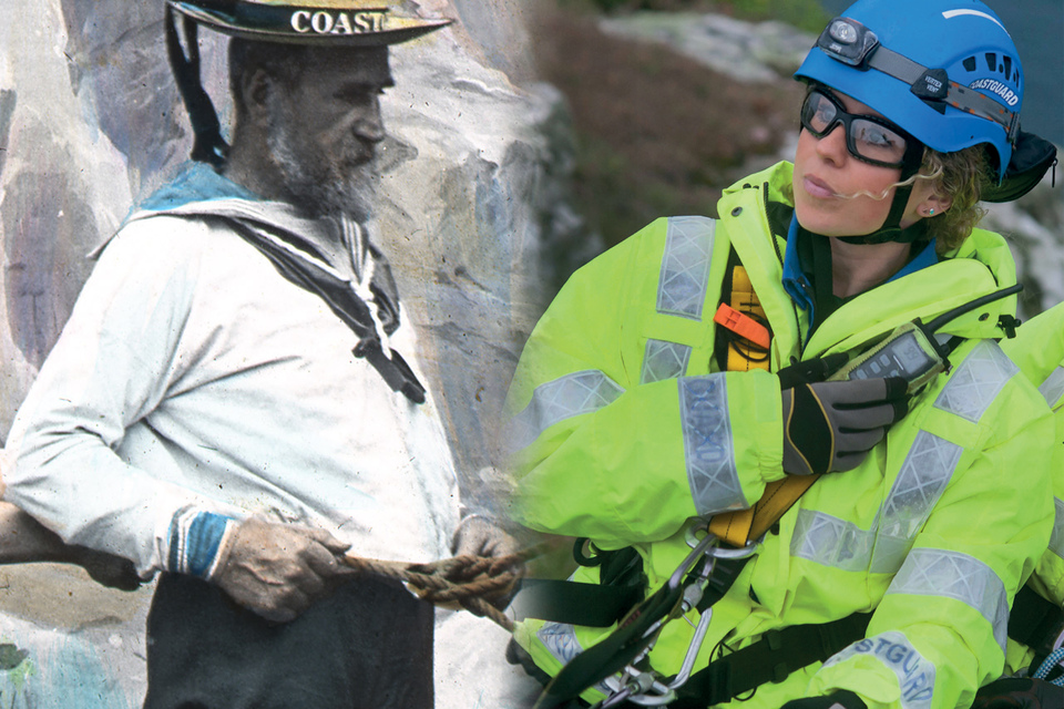 Left, image, an historic image of a coastguard. Right, today's modern, well-equipped officer