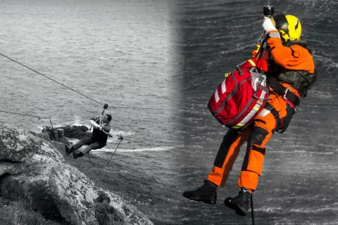 Left image, a Coastguard Rescue Team trains with a Breeches Buoy. Right image, the modern version, with a helicopter winchman in action.