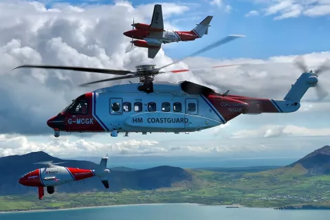 PhotHM Coastguard’s drone, helicopter and aeroplane assets undertaking their first formation flight in Wales (Credit: Ian Black, HM Coastguard, Bristow Helicopters, 2Excel Aviation).