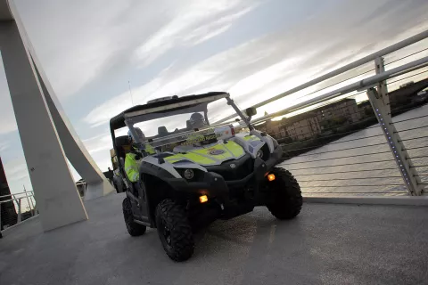 An all-terrain vehicle, usually based in the Isle of Lewis, equipped with rope rescue equipment was brought to Glasgow.