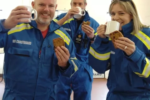 After training, some members of the Aberdovey Coastguard Rescue Team enjoy a nice 'cuppa' and a slice of bara brith - a special type of Welsh cake. Left to right are: In the photo is Geoff Unsworth Station Officer, Lee Bell Coastguard Rescue Officer and Nic Salt, Deputy Station Officer. Bara brith cake courtesy of Deputy Station Officer for the Barmouth team, Richie Jones