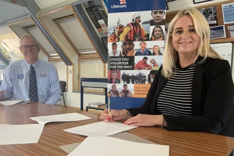 John Payne, Director of Lifesaving Operations for the RNLI, and Claire Hughes, Director of HM Coastguard, met at Dover Lifeboat Station to sign the Memorandum of Understanding.