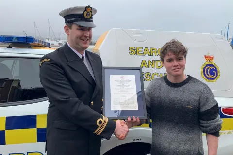 James Mathieson receiving a Royal Humane Society Certificate in recognition of his act of bravery.