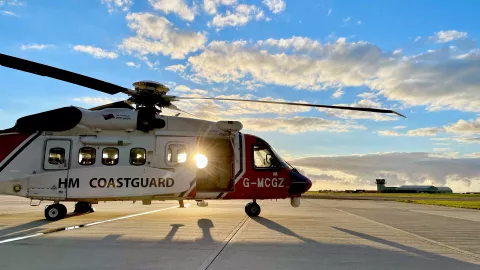 HM Coastguard search and rescue helicopter at the Newquay base
