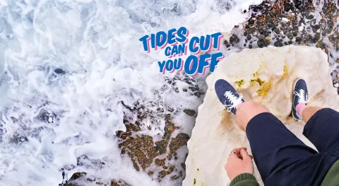 Coast Clever campaign imagery; two feet stand on a rock ledge above rapidly rising tidal waters. Text states: "Tides can cut you off". 