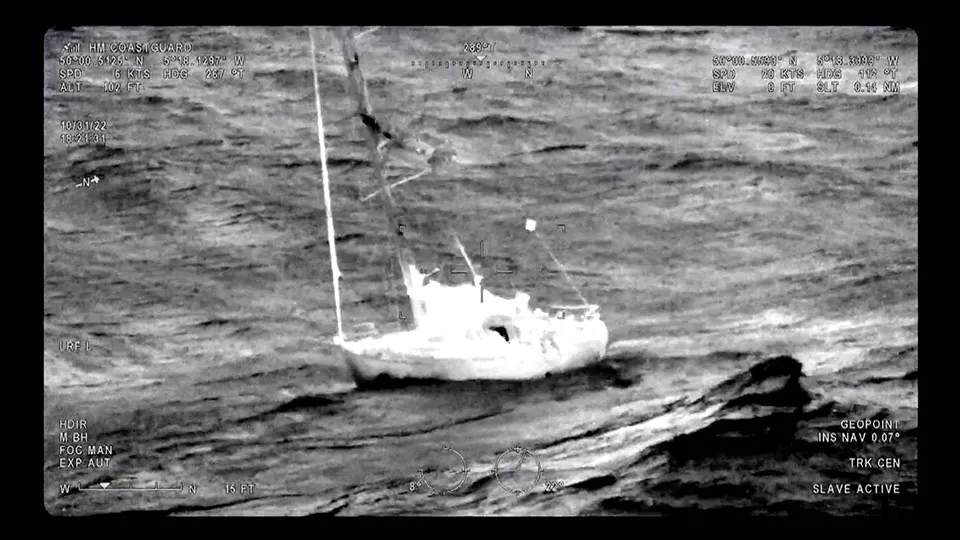 A yacht as seen from the helicopter footage