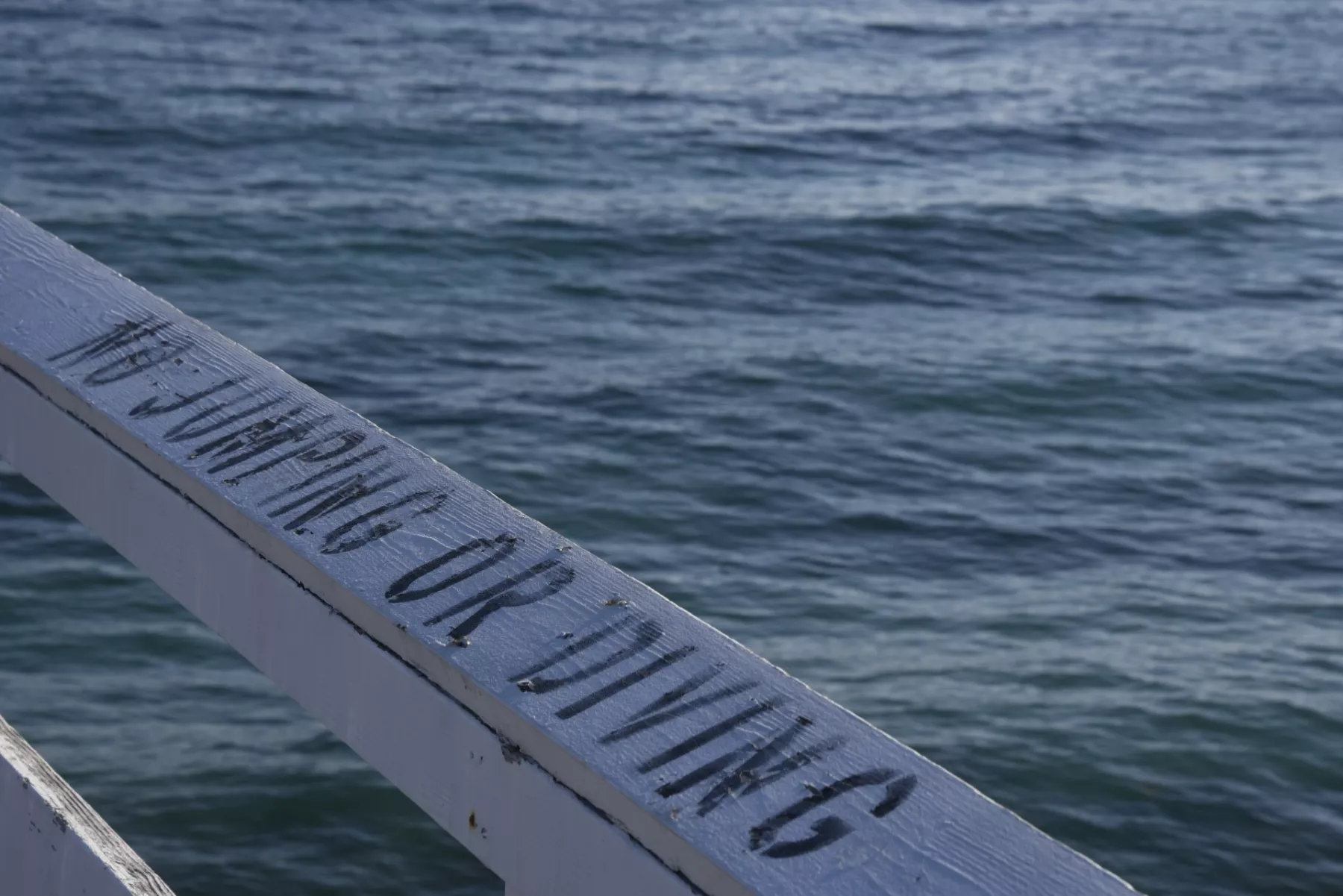 A sign on the edge of a pier that reads 'no jumpinng or diving'