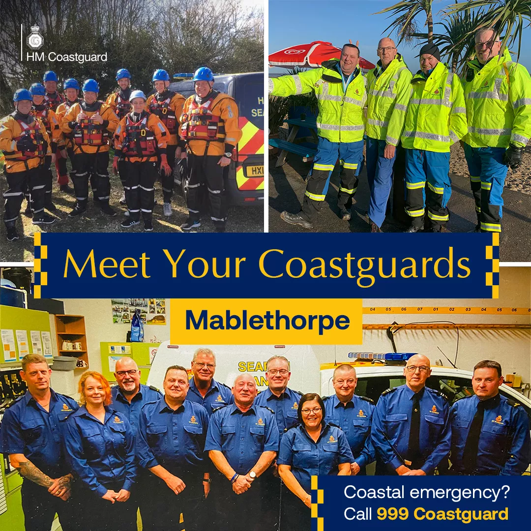 Three images of the Mablethorpe team together, featured outdoors in their overalls and blue uniform in the garage