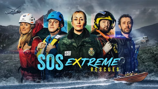 Promotion shot for SOS Extreme Rescues - Representatives from Mountain Rescue, HM Coastguard, ambulance, RNLI and police, with Snowdonia backdrop