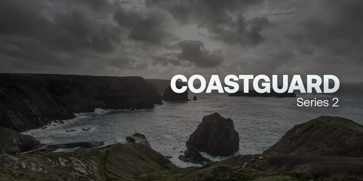 A moody coastline with a dark gradient over. On the right, white text reads 'Coastguard Series Two'