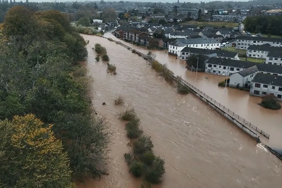 Aerial view of the Storm Babet floods