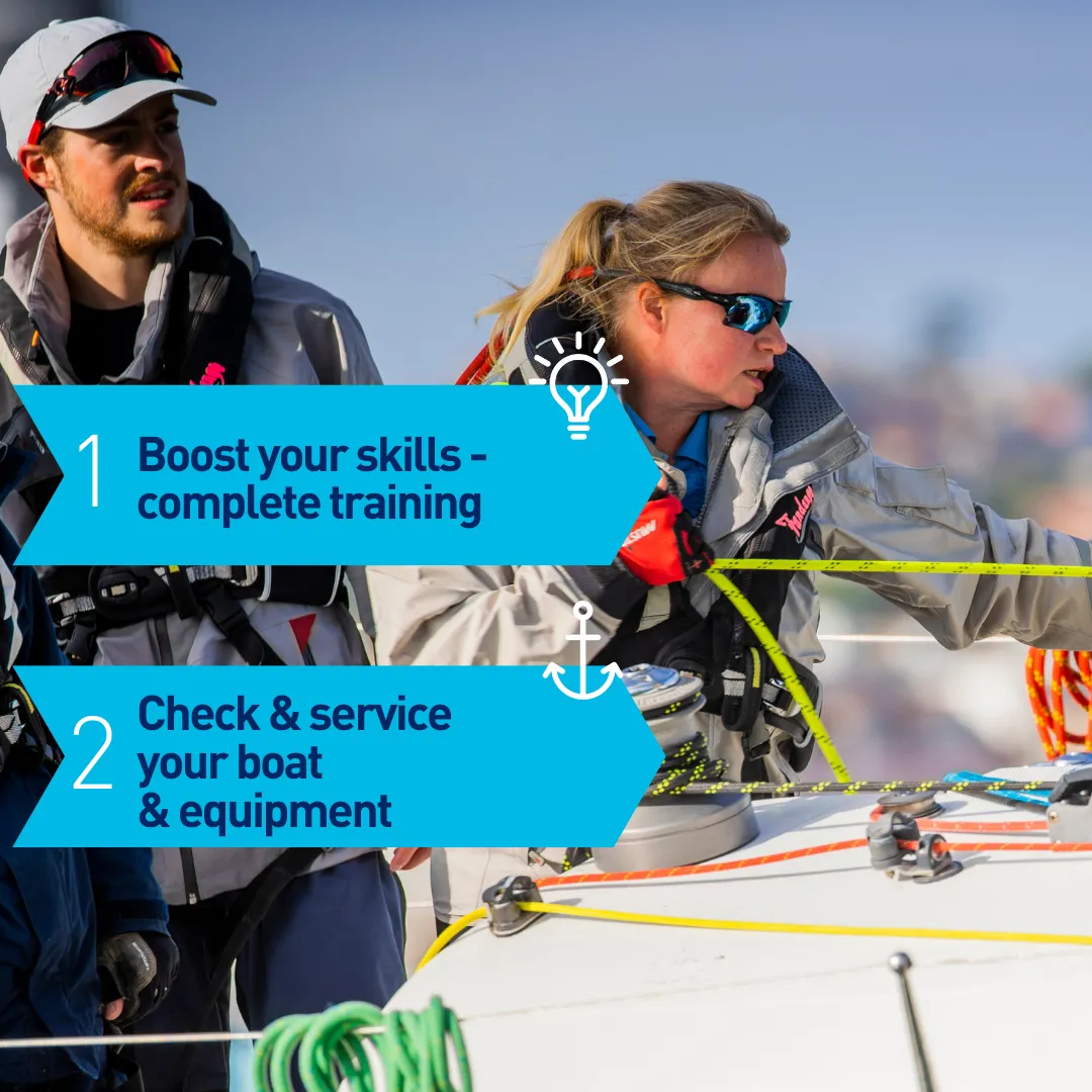 Two recreational boaters are on the deck of a vessel. Text reads - '1. Boost your skills and complete your training. 2. Check and service your boat and equipment.'