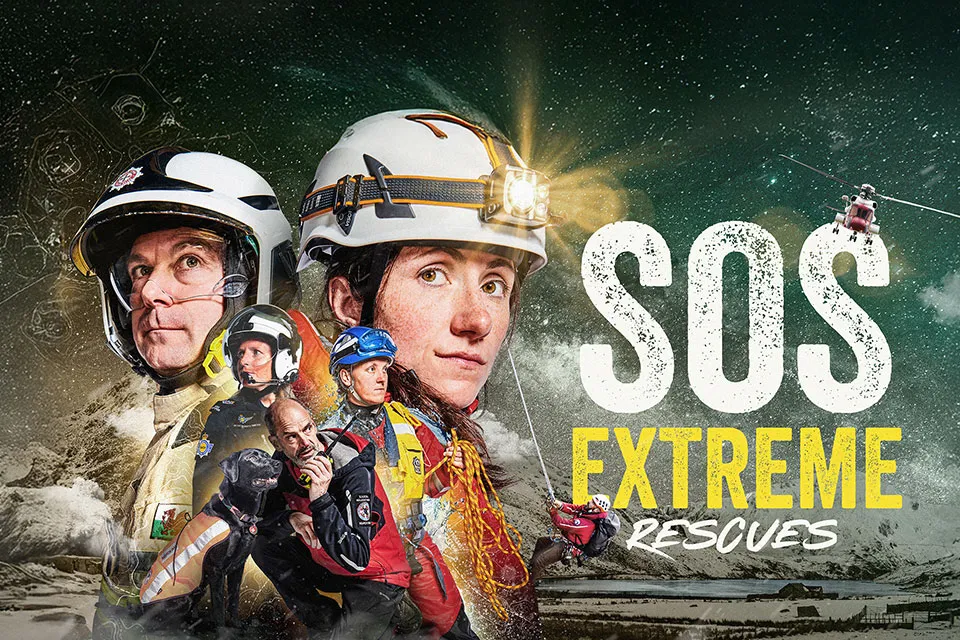 A group of individuals from various emergency services stand in front of a dramatic background. Text reads 'SOS Extreme Rescues'