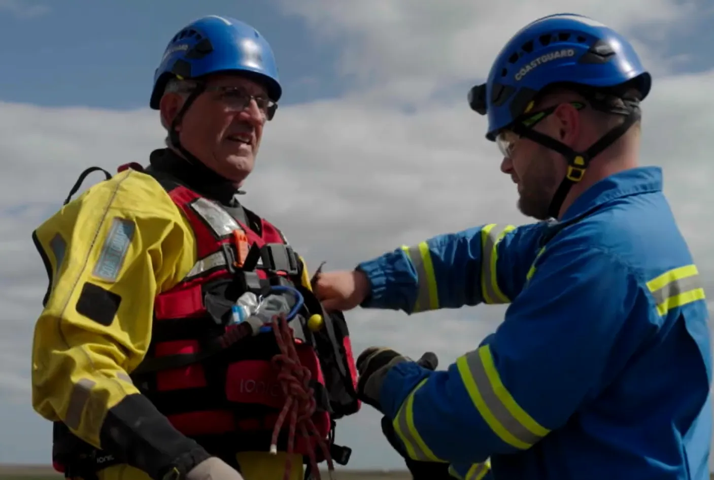 Coastguard Rescue Officer Dave Robinson is set up for a mud rescue