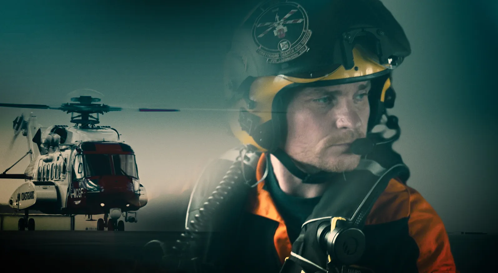 On the left an HM Coastguard search and rescue helicopter is taking off from the base. On the right, a male air crew member is wearing a helmet.