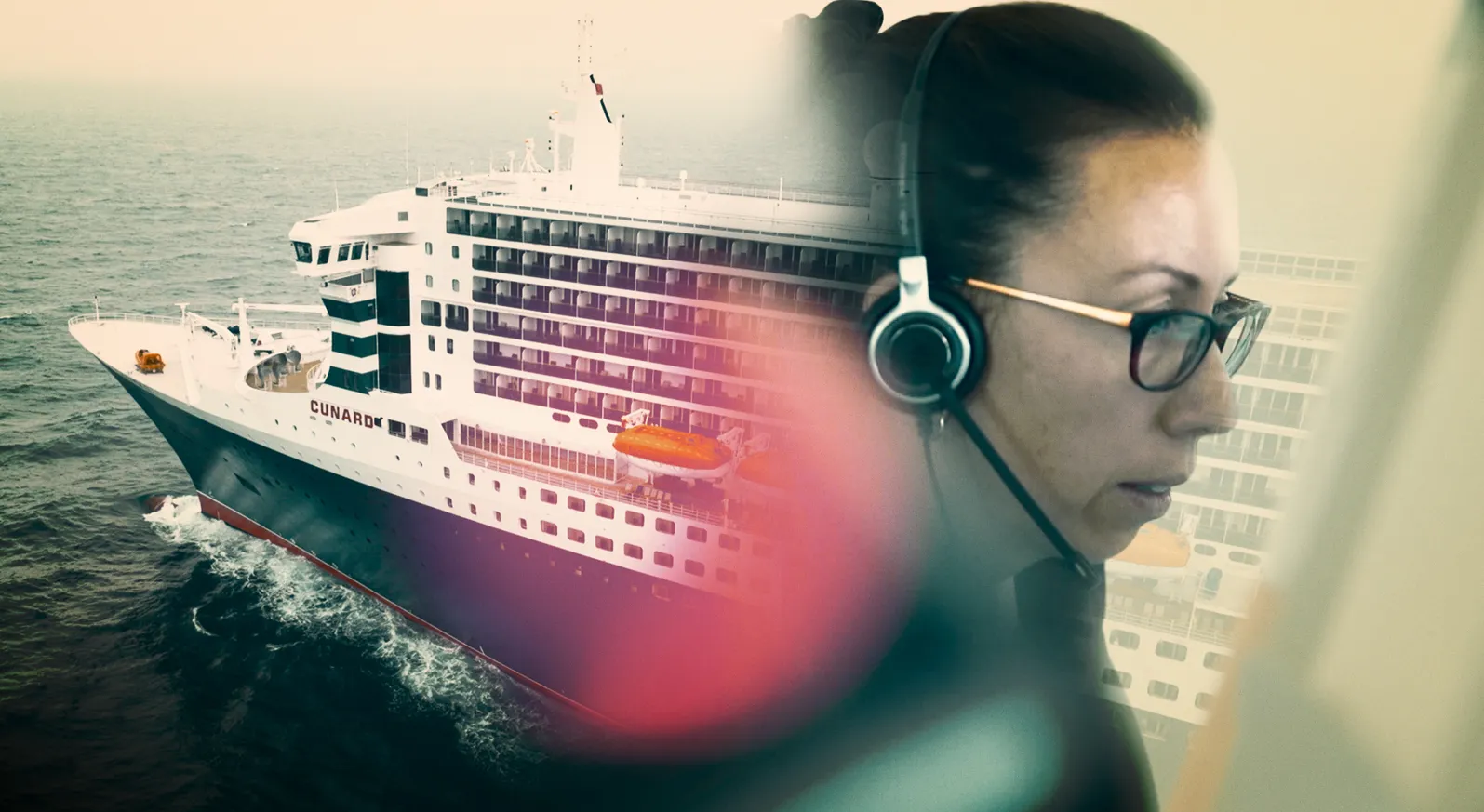 A female maritime operators officer can be seen wearing a headset. A Cunard ship sailing on the water is overlaid over the top