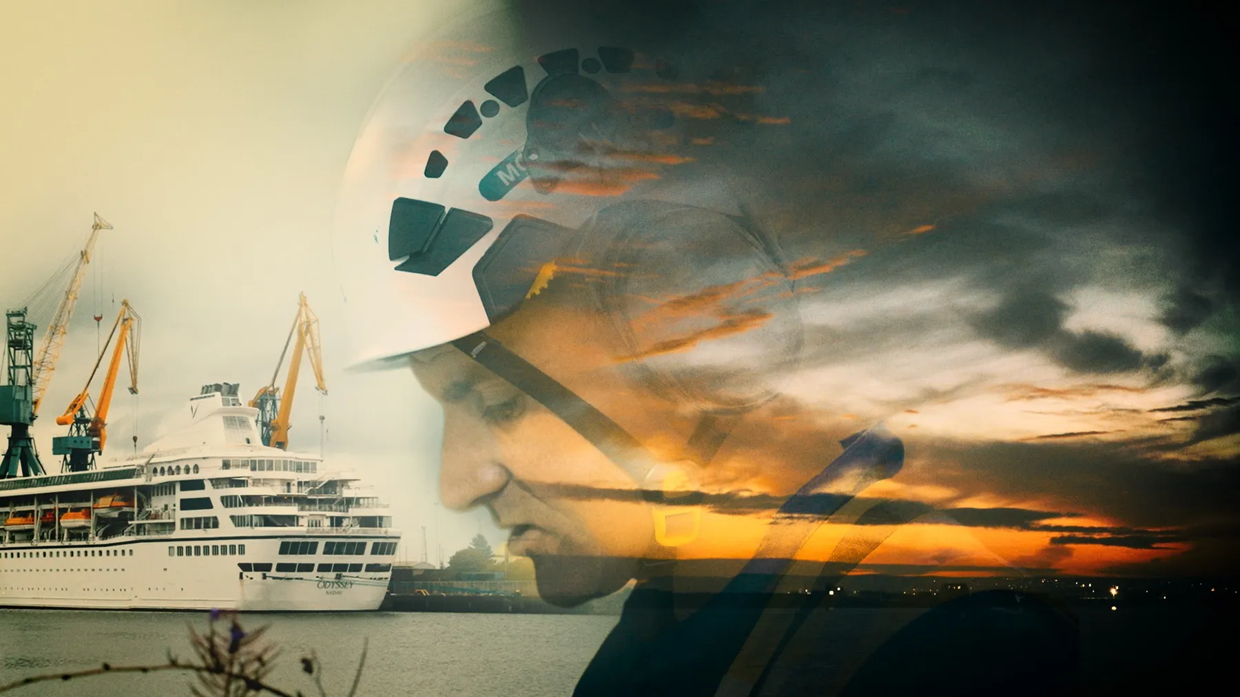 On the left, a cruise ship can be seen on the water. On the right, a male surveyor is wearing a white helmet. Both images are overlaid against the image of a sunset with orange hues.