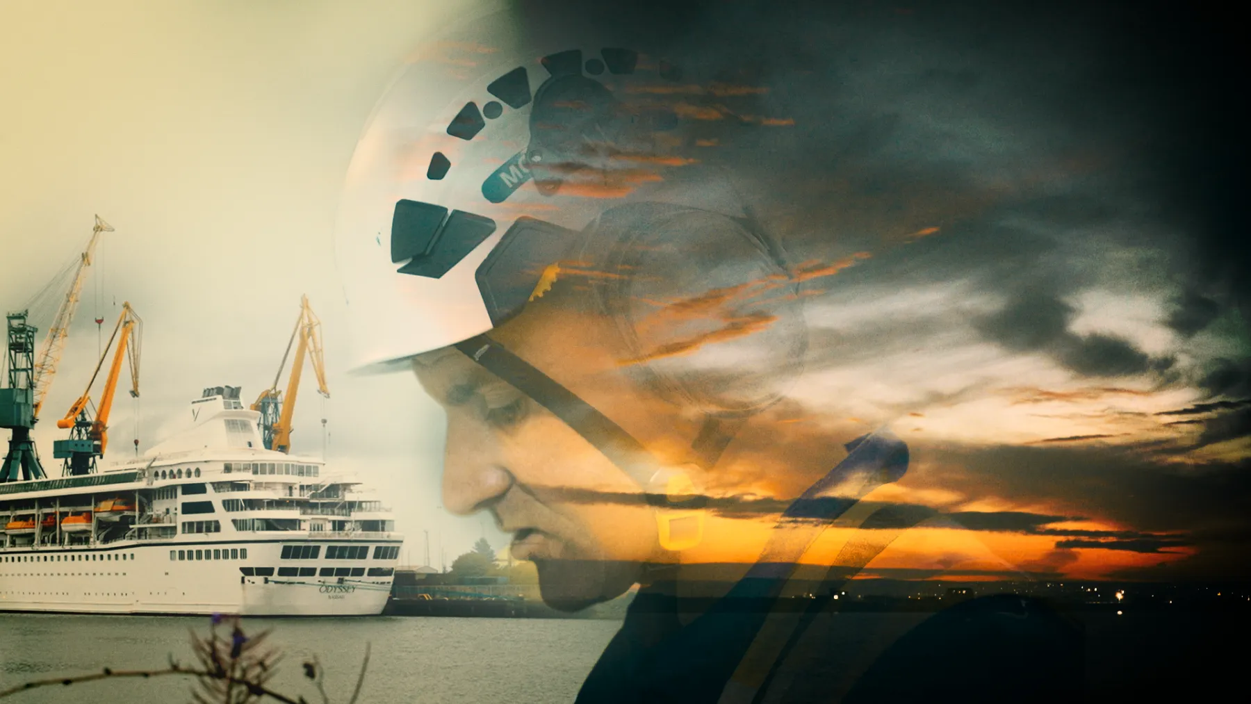 A cruise ship on the water. Overlaid on the right is a surveyor