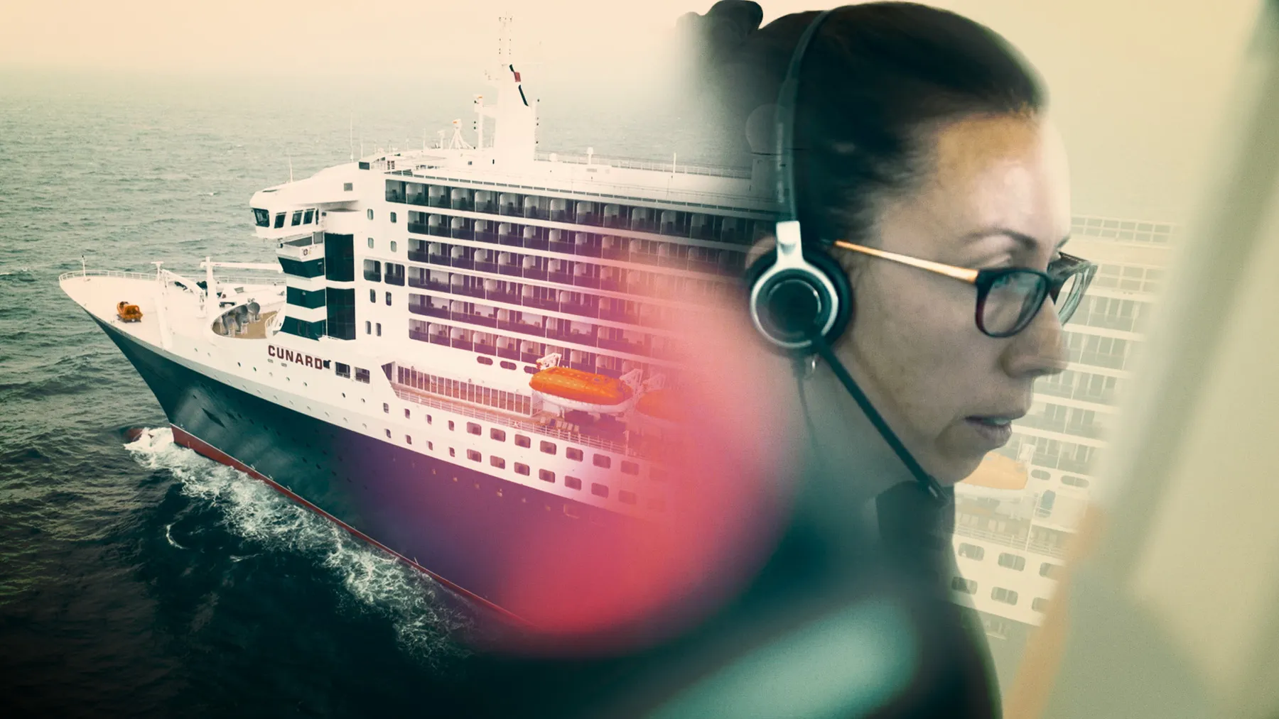 A cruise ship on the open water and a female maritime operations office