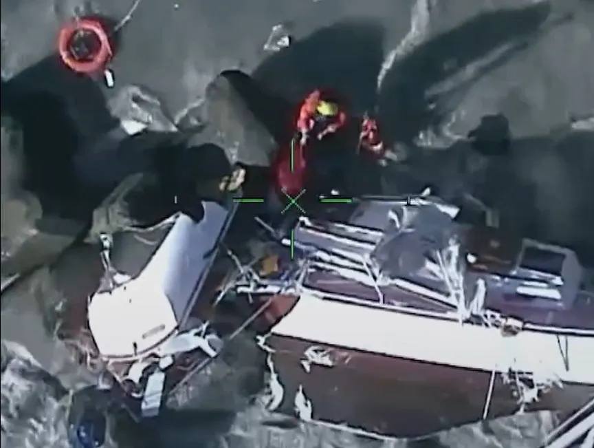 The view from the helicopter as Chris Purkiss rescued the sailor from the yacht