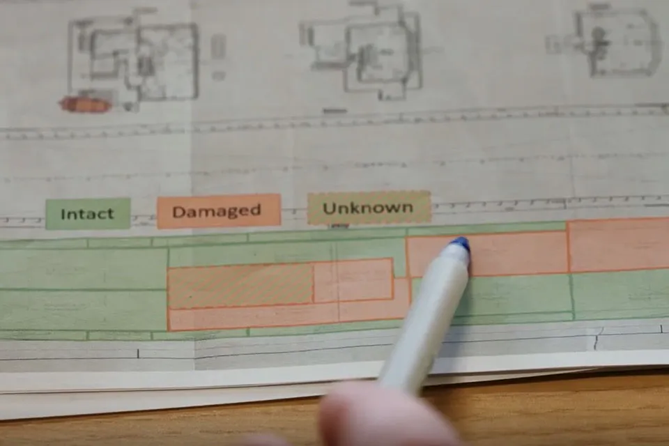 Assessment of the damaged vessel showing damaged and intact areas