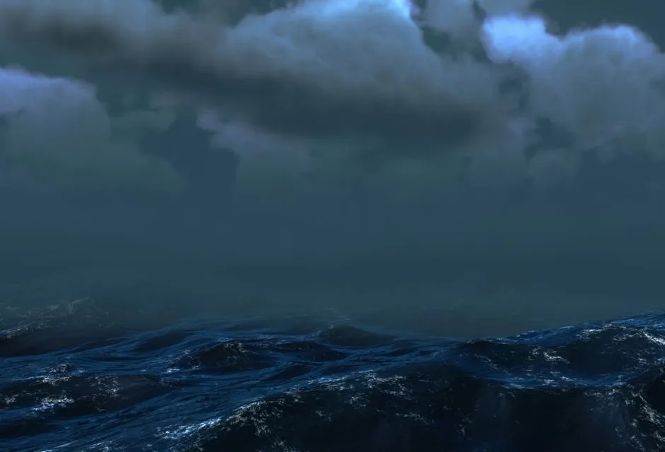 Stormy seas under a dark grey sky