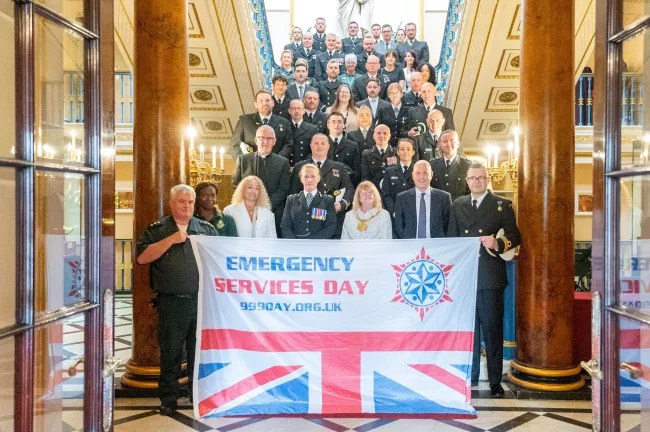 HM Coastguard personnel join other emergency service partners at Emergency Services Day event at Liverpool Town Hall alongside Lord Mayor Mary Rasmussen