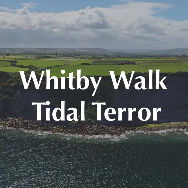 Whitby clifftops aerial imagery, with Whitby Walk Tidal Terror wording inset