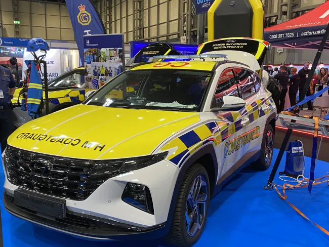 An electric vehicle at the HM Coastguard stand at the Emergency Services Show