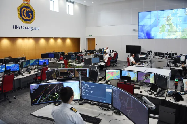The Operations Room at HM Coastguard's JRCC in Fareham, Hampshire. 