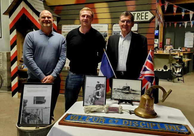 Pictured at the museum are Receiver of Wreck Steve White, Museum Director Godefroy Beaussire and Mayor of Carentan Jean-Pierre L’Honneur