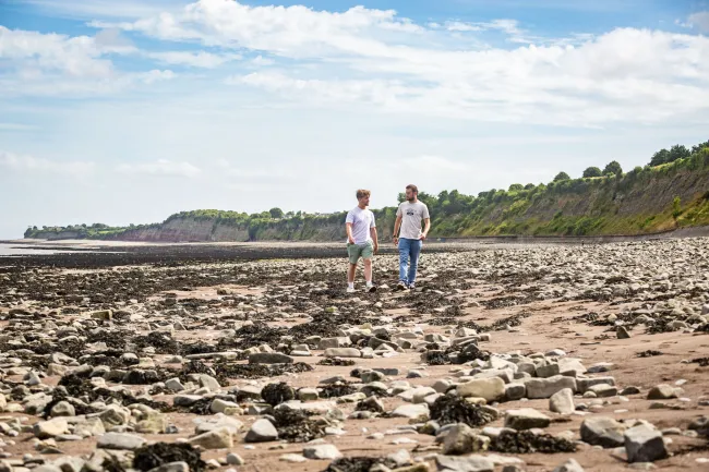 Cardiff university students Alex and George at Penarth Bay, Wales.