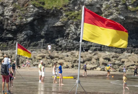 Red and yellow flags at a lifeguarded beach