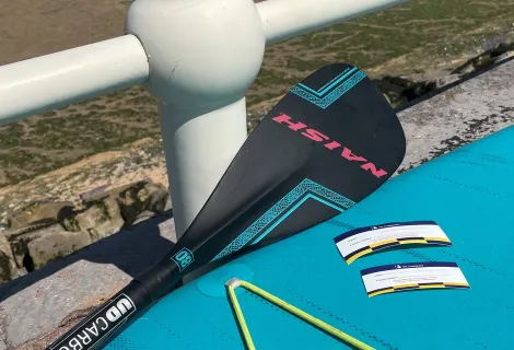 Waterproof labels on a stand-up paddleboard
