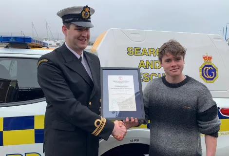James Mathieson receiving a Royal Humane Society Certificate in recognition of his act of bravery.