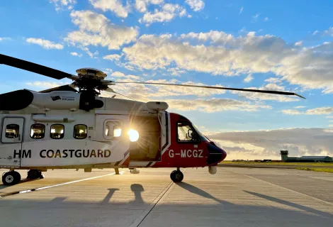 HM Coastguard search and rescue helicopter at the Newquay base