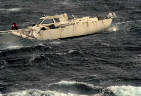 A stricken sailing yacht in the Atlantic Ocean during Storm Ciarán