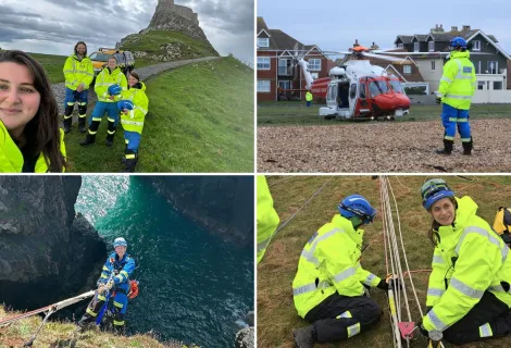A collage of female coastguard rescue officers, either taking part in training or call outs
