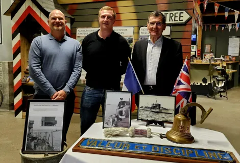 Pictured at the museum are Receiver of Wreck Steve White, Museum Director Godefroy Beaussire and Mayor of Carentan Jean-Pierre L’Honneur