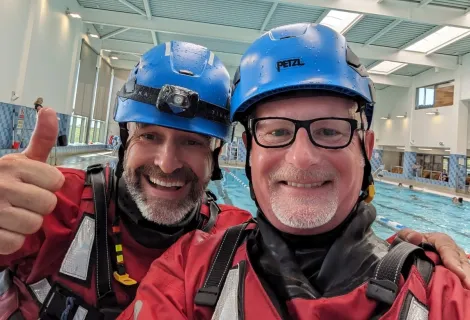 Tony Phillips (left) and Chris Dunn in water safety kit and helmets