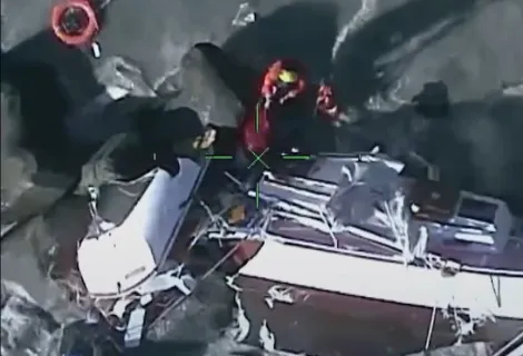 The view from the helicopter as Chris Purkiss rescued the sailor from the yacht