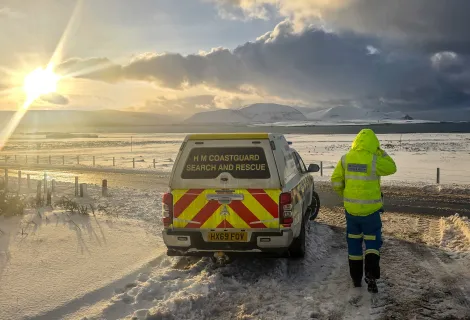 An HM Coastguard Rescue Vehicle in adverse weather conditions at Orkney