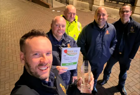 From left are Coastguard Rescue Officer (CRO) Matt Breathwick, Acting Station Officer Richard Holland, CRO Martin Day, Senior Coastal Operations Officer Tom Sharp, and CRO Tom Bell