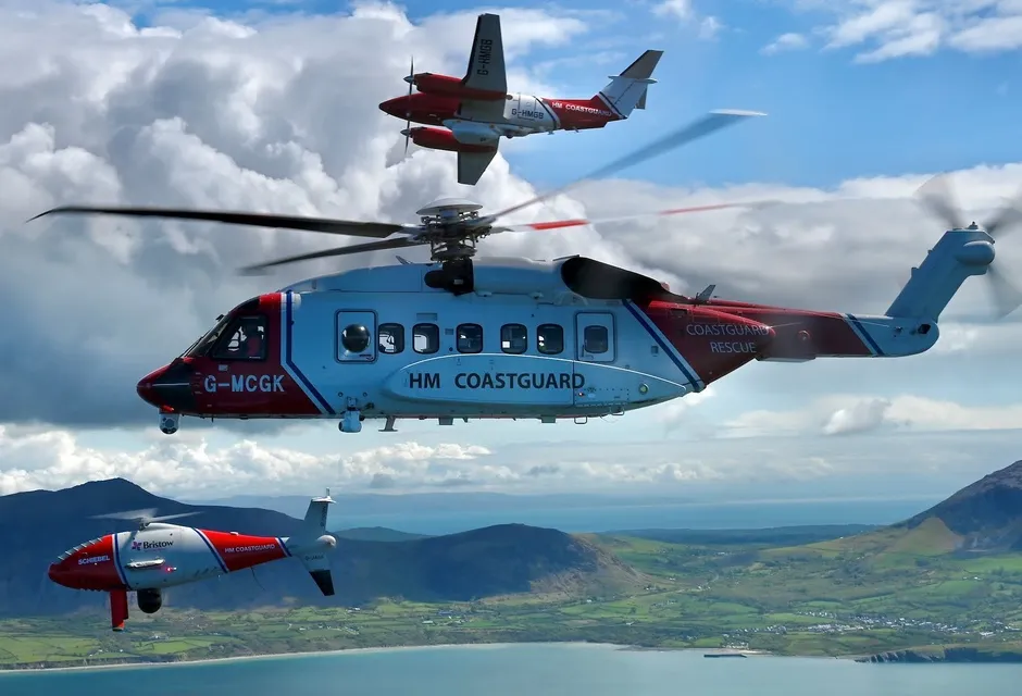 PhotHM Coastguard’s drone, helicopter and aeroplane assets undertaking their first formation flight in Wales (Credit: Ian Black, HM Coastguard, Bristow Helicopters, 2Excel Aviation).