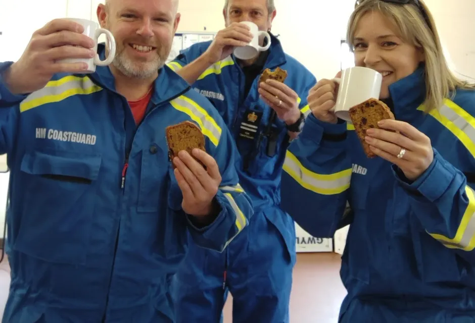 After training, some members of the Aberdovey Coastguard Rescue Team enjoy a nice 'cuppa' and a slice of bara brith - a special type of Welsh cake. Left to right are: In the photo is Geoff Unsworth Station Officer, Lee Bell Coastguard Rescue Officer and Nic Salt, Deputy Station Officer. Bara brith cake courtesy of Deputy Station Officer for the Barmouth team, Richie Jones