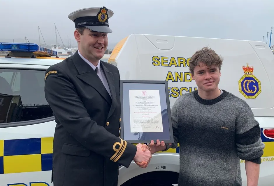 James Mathieson receiving a Royal Humane Society Certificate in recognition of his act of bravery.