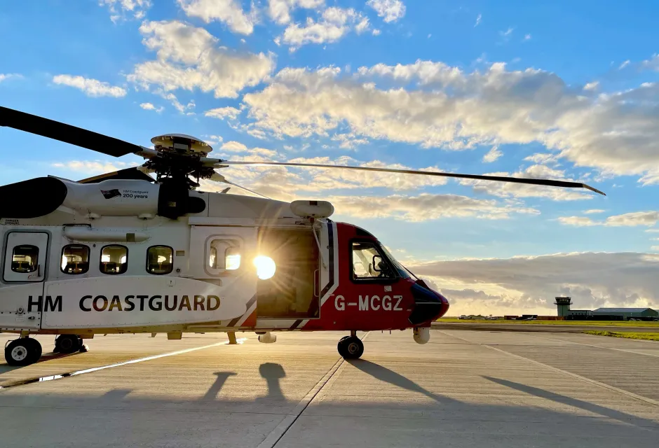 HM Coastguard search and rescue helicopter at the Newquay base