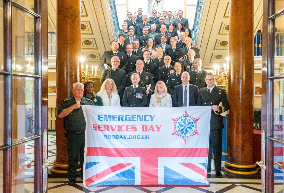 HM Coastguard personnel join other emergency service partners at Emergency Services Day event at Liverpool Town Hall alongside Lord Mayor Mary Rasmussen