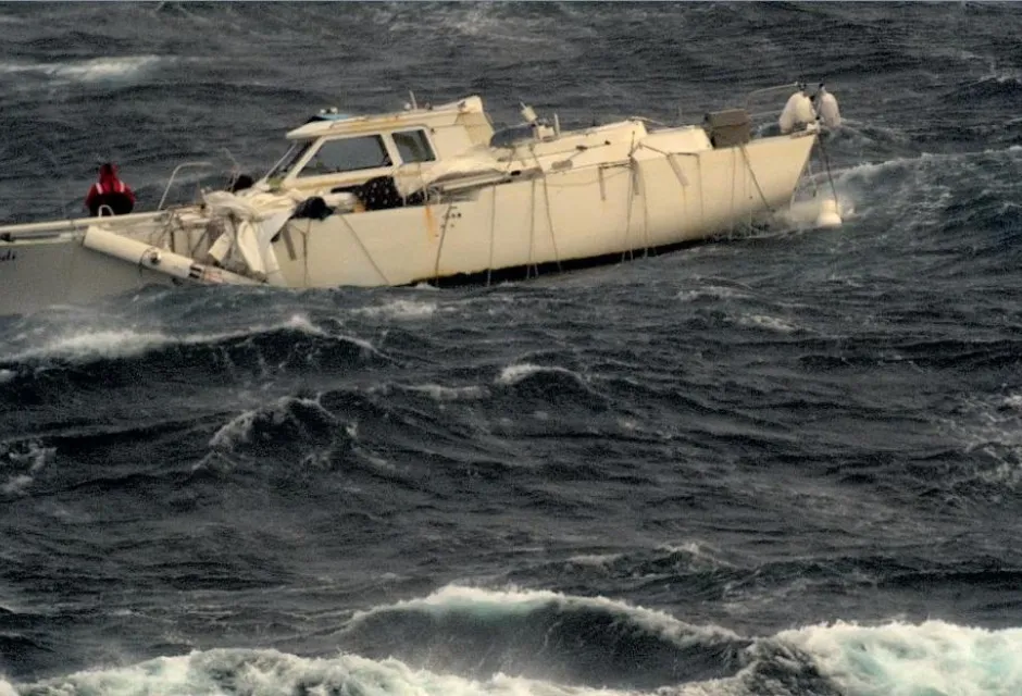 A stricken sailing yacht in the Atlantic Ocean during Storm Ciarán